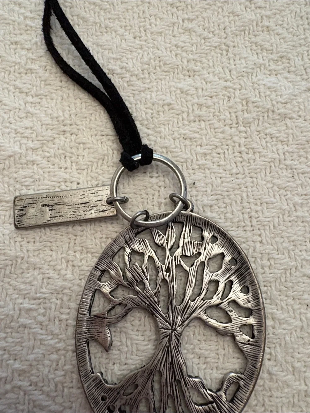 Boho Bundle of 3 Black Cord and Gunmetal Tree of Life Necklace with Pink Accent - Picture 7 of 10